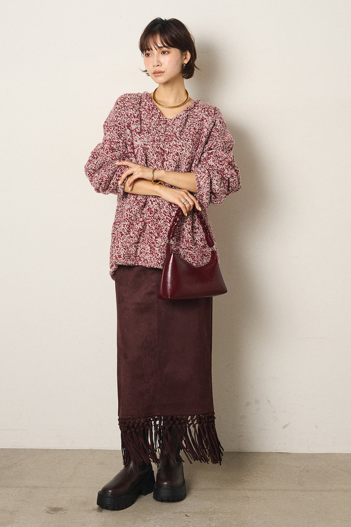 [SET]Vネックミックス編みニットトップス+スウェードライク裾フリンジスカート(2set)