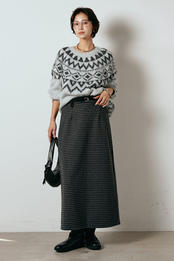 [SET]ノルディック柄Uネックプルオーバー+スエード調ベルト付きチェックナロースカート(2set)