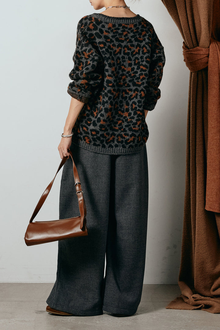 [SET]ステッチデザインレオパードニットカーディガン+ポーチベルト付きカーブパンツ(2set)