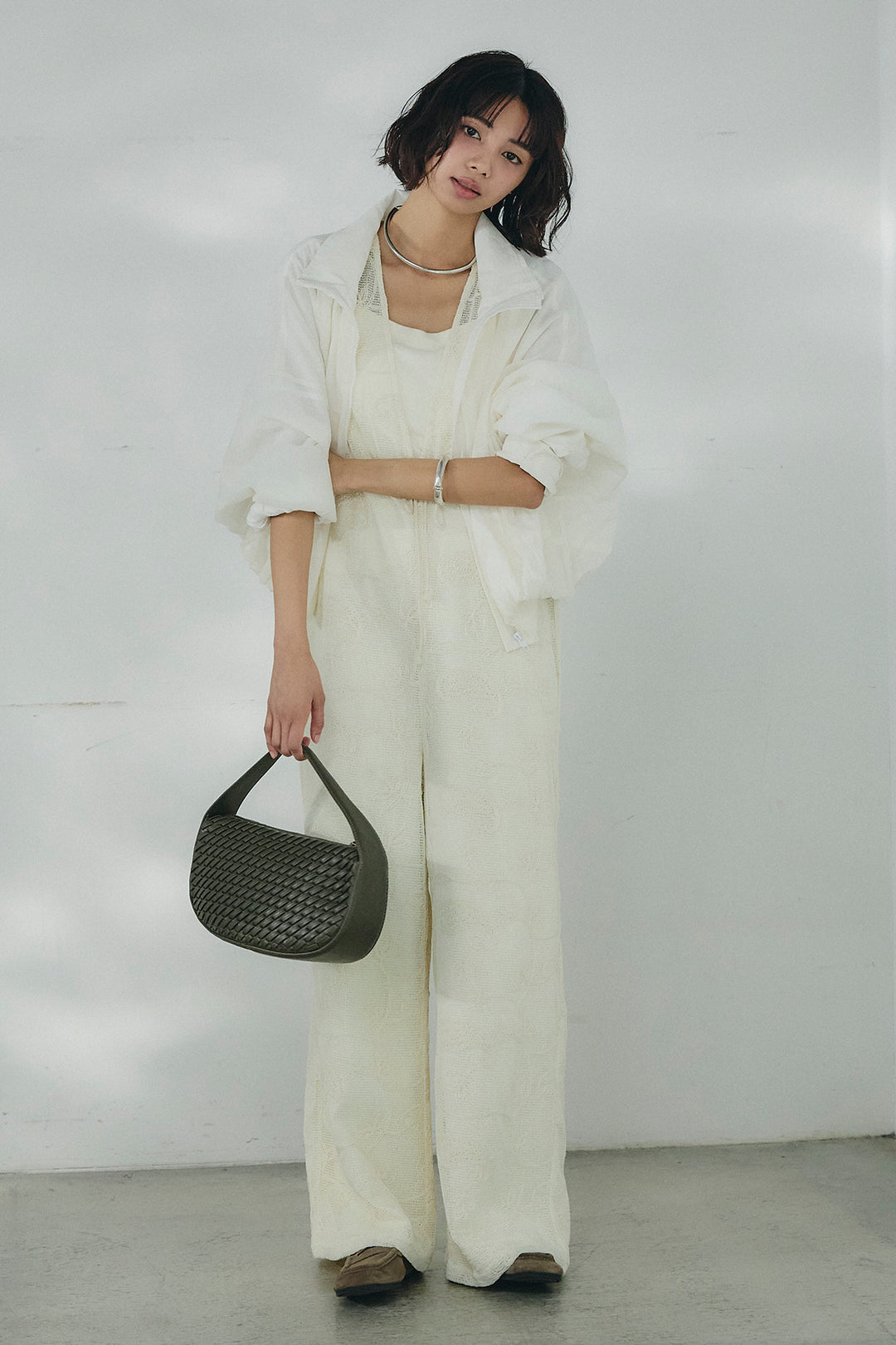 [SET]スタンドネックシアーブルゾン+レースサロペット(2set)