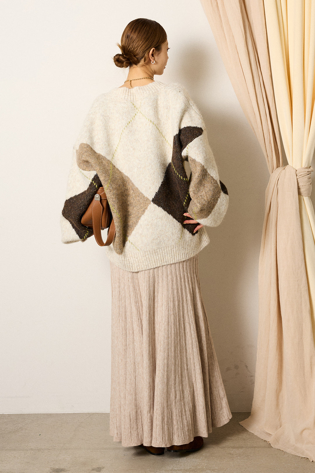 【着回しセット】[SET]ルーズアーガイルVネックニット+編み地切り替えフレアニットスカート+編み地切り替えフレアニットスカート(3set)