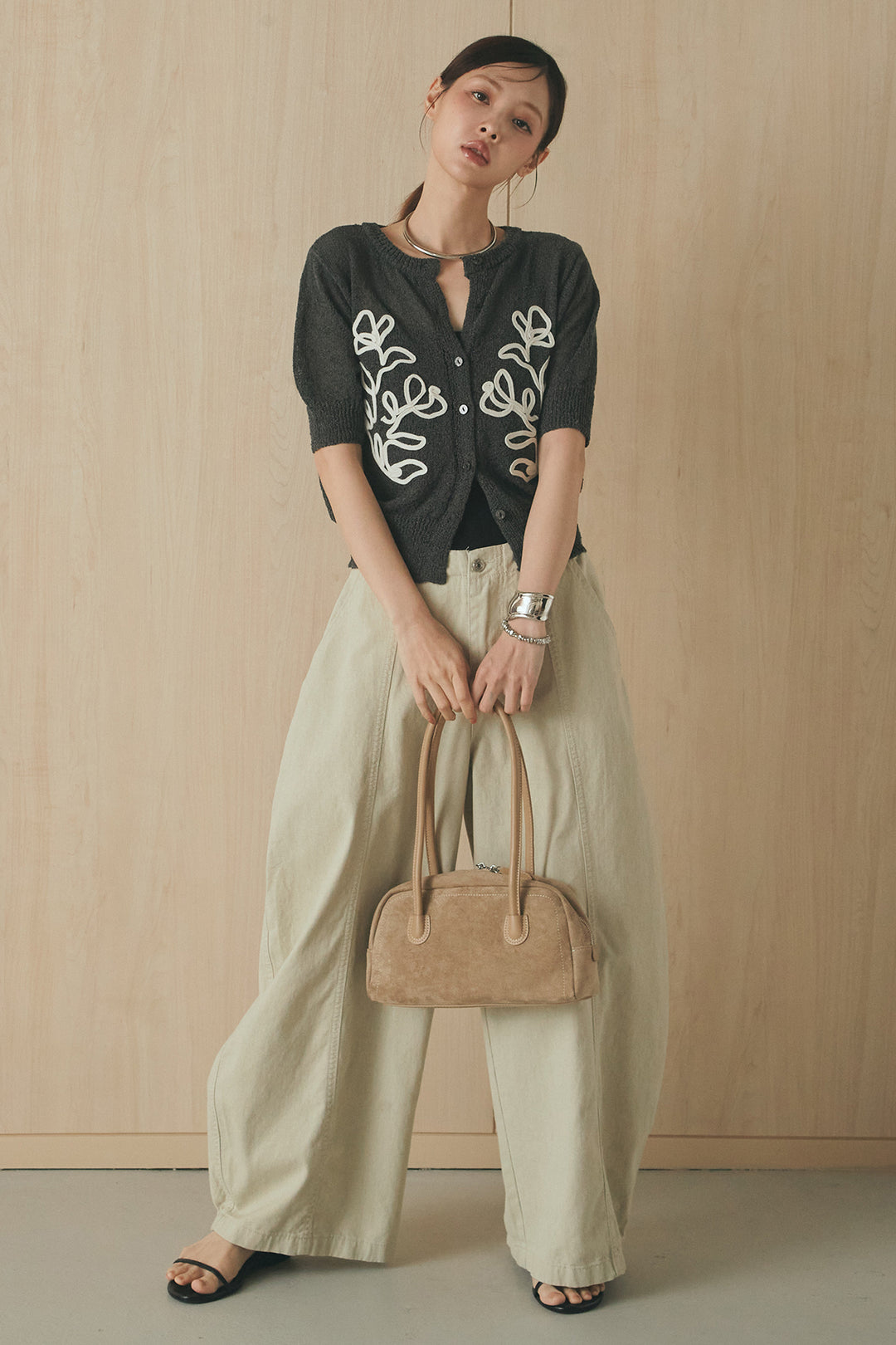 [SET]フロントテープデザイン半袖カーディガン+サイドベルトカーブワイドパンツ(2set)