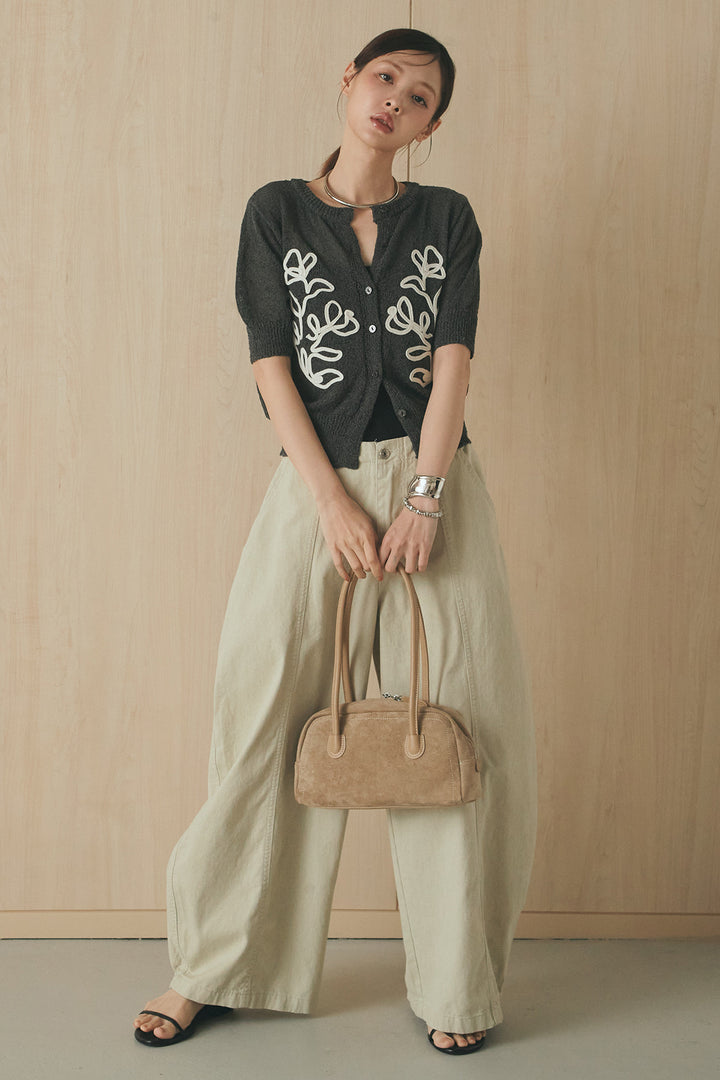 [SET]フロントテープデザイン半袖カーディガン+サイドベルトカーブワイドパンツ(2set)