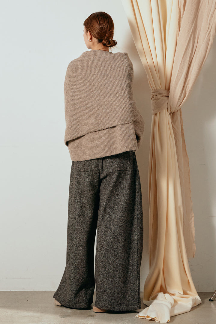 [SET]ケープデザインリブニットトップス+太ベルト付きツイードワイドパンツ(2set)