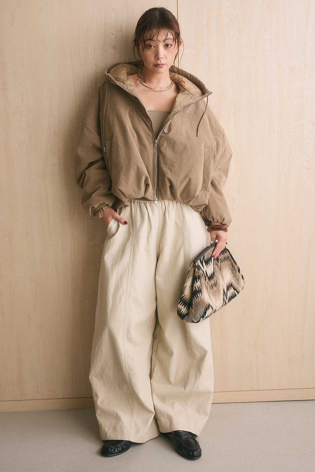 [SET]コーデュロイフーディバルーンブルゾン+フェイクレザーカーブワイドパンツ(2set)
