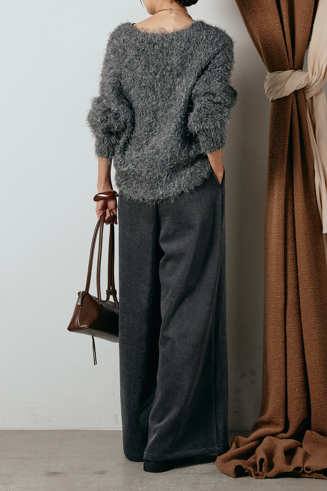 [SET]シャギークロスニットトップス+ベルトループコーデュロイワイドパンツ(2set)