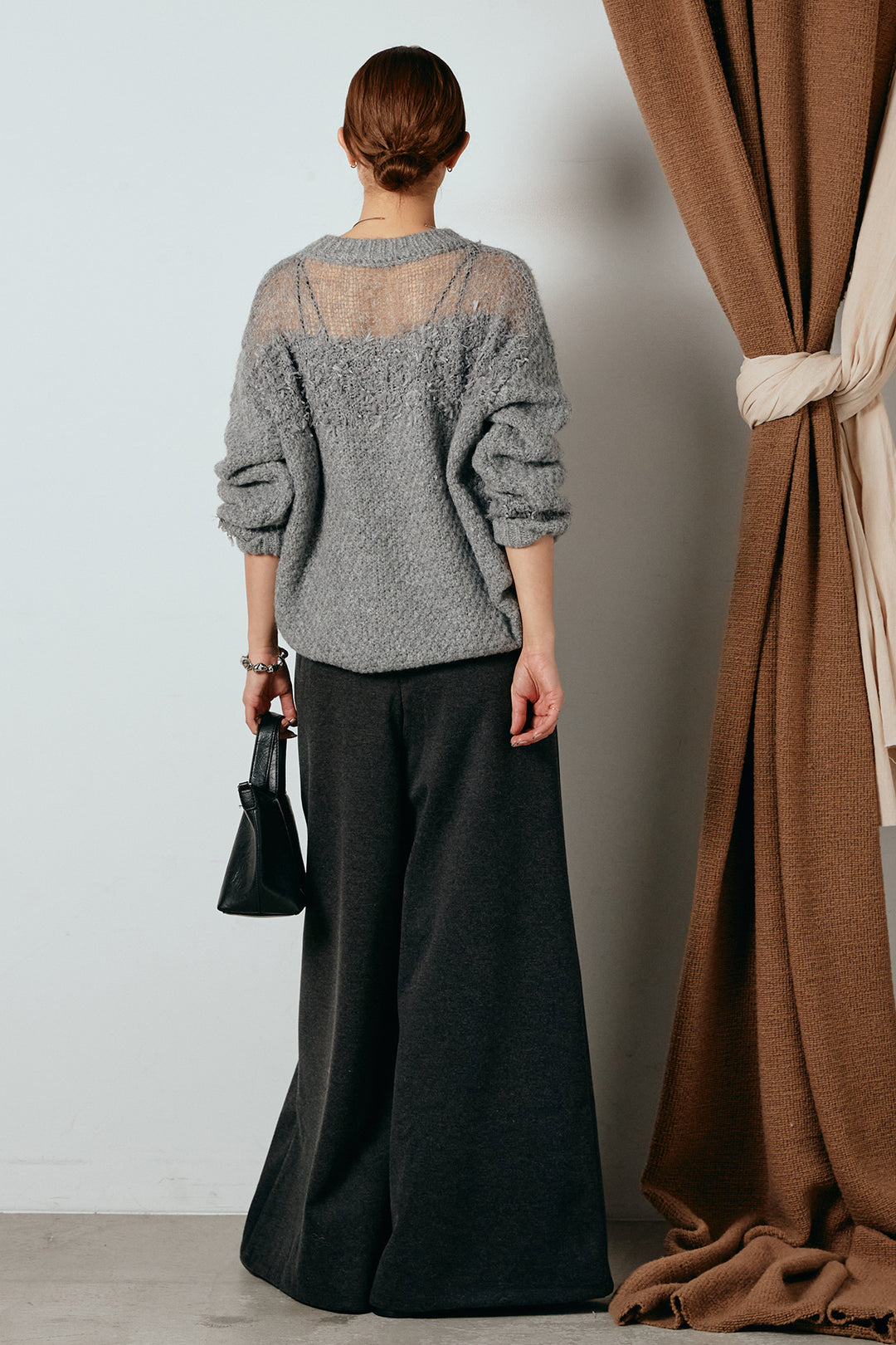 [SET]パターンランダム編みニットトップス+ベルト付きフロントタックデザインパンツ(2set)