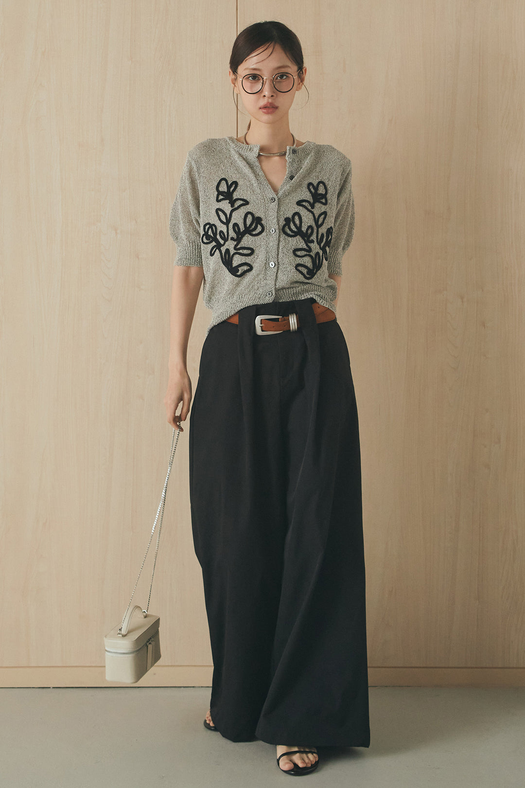 [SET]フロントテープデザイン半袖カーディガン+ベルトループデザインハイウエストタックパンツ(2set)