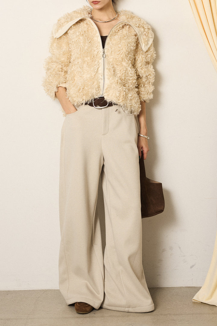 [SET]ビッグカラープードルボアアウター+編みベルト付きワイドパンツ(2set)