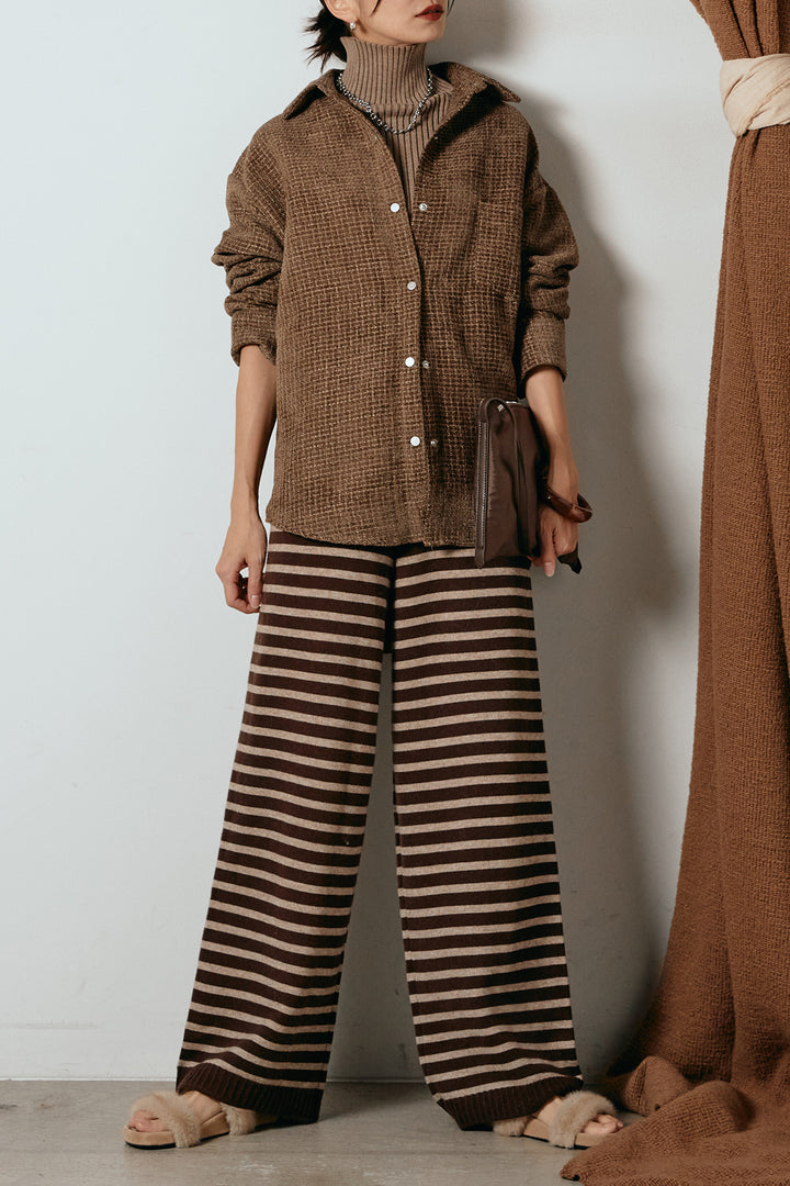 [SET]ルーズクラッシュツイルシャツ+リブニットシームレスタートルプルオーバー+ボーダーリラックスニットパンツ(3set)