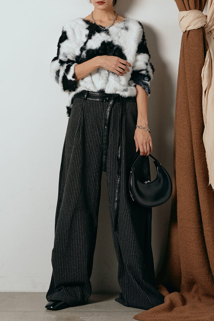 [SET]タイダイ柄シャギーニットトップス+レザーライク配色ストライプパンツ(2set)