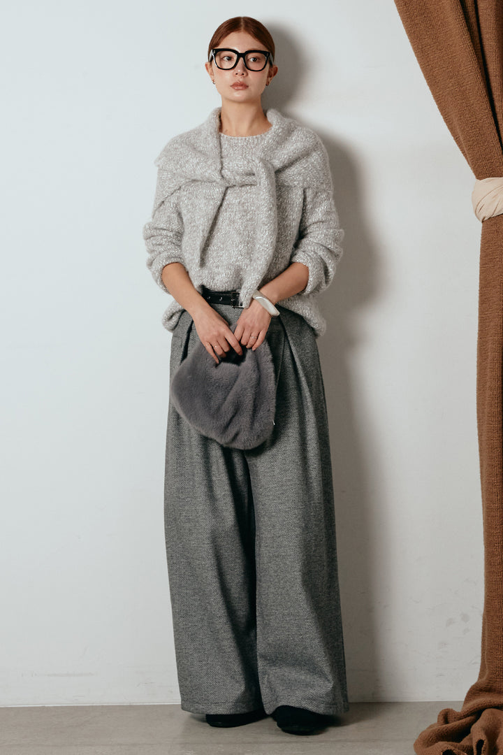 [SET]スカーフ付きミックスニットトップス+細ベルト付き起毛タックワイドパンツ(2set)