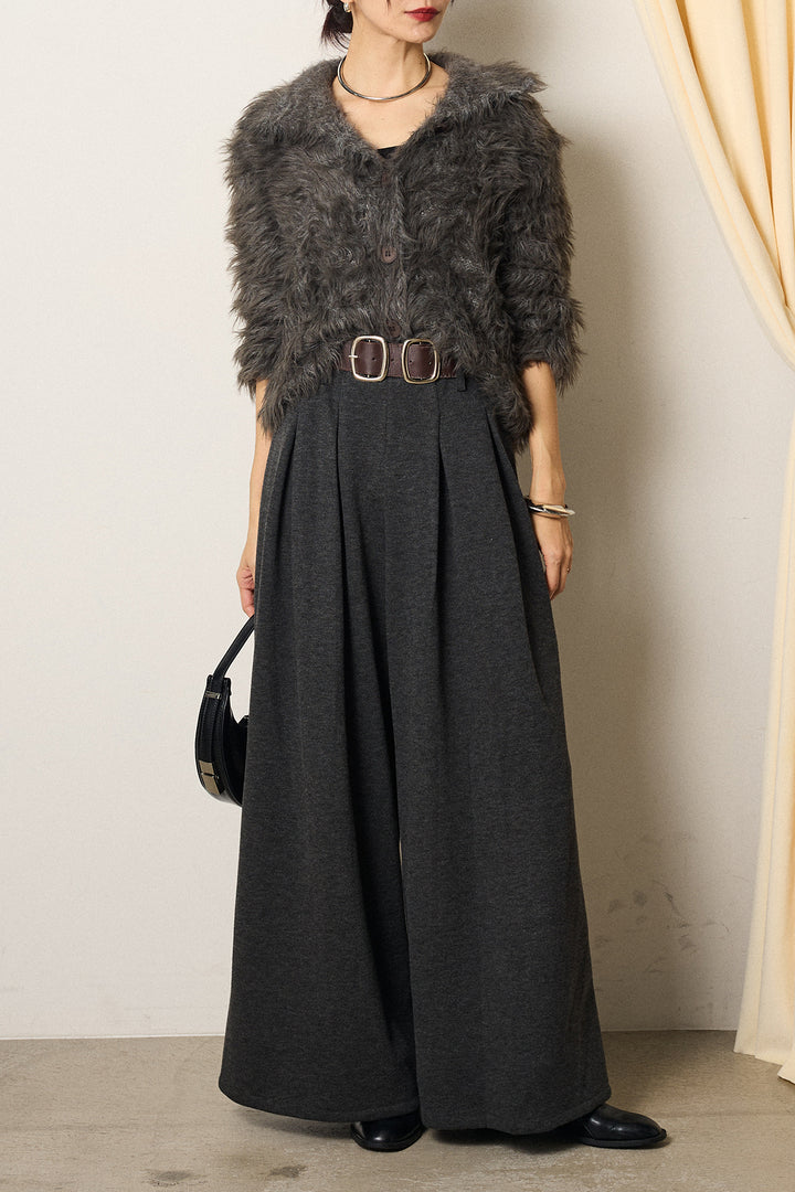 [SET]襟付きシャギーニットカーディガン+フェイクレザー太ベルト付きタックワイドパンツ(2set)