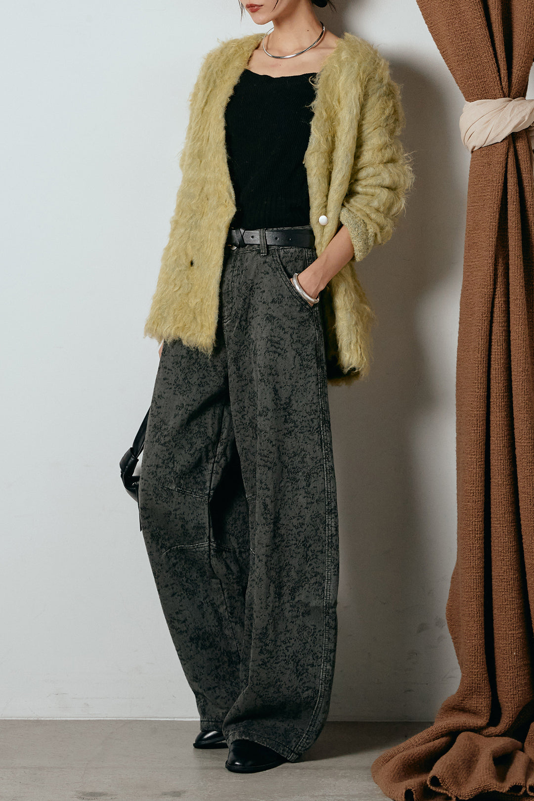 [SET]ウェーブシャギーニットジャケット+ベルト付きニュアンス柄カーブワイドパンツ(2set)