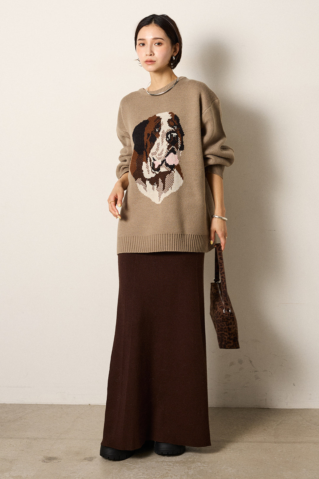 [SET]アニマルジャガード柄ニットトップス+リブナローニットスカート(2set)