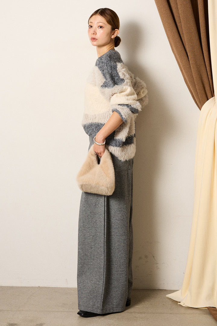 [SET]シャギーウェーブ柄クルーネックニットトップス+細ベルト付き起毛タックワイドパンツ(2set)