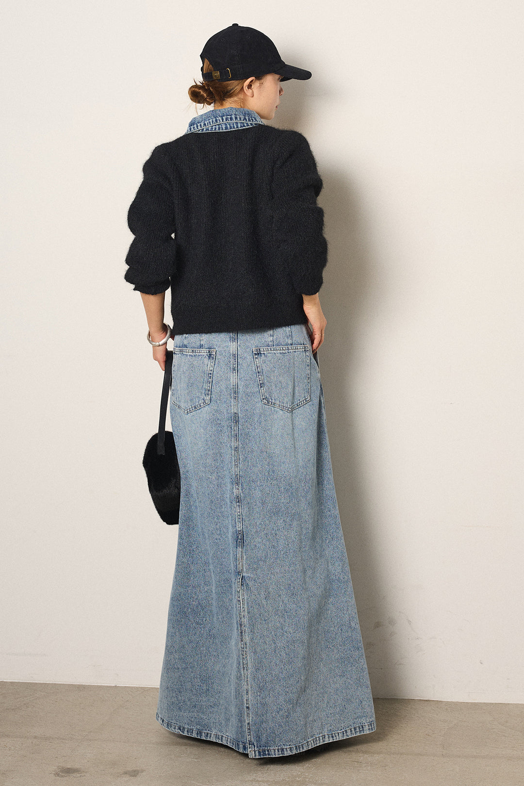[SET]襟付きデニム切替ニットカーディガン+デニムロングフレアスカート(2set)