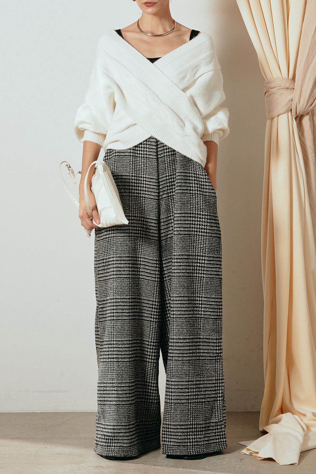 [SET]ケーブルカシュクールニットトップス+前後2wayグレンチェック柄スカーチョサロペット(2set)