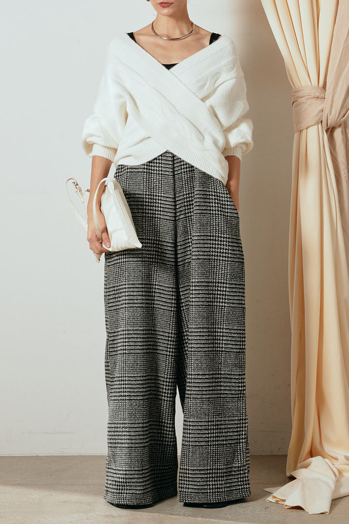 [SET]ケーブルカシュクールニットトップス+前後2wayグレンチェック柄スカーチョサロペット(2set)