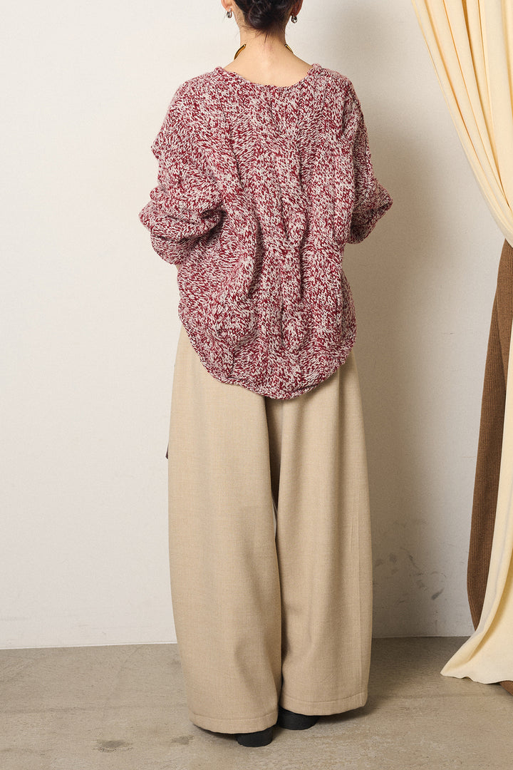 [SET]Vネックミックス編みニットトップス+ポーチベルト付きカーブパンツ(2set)