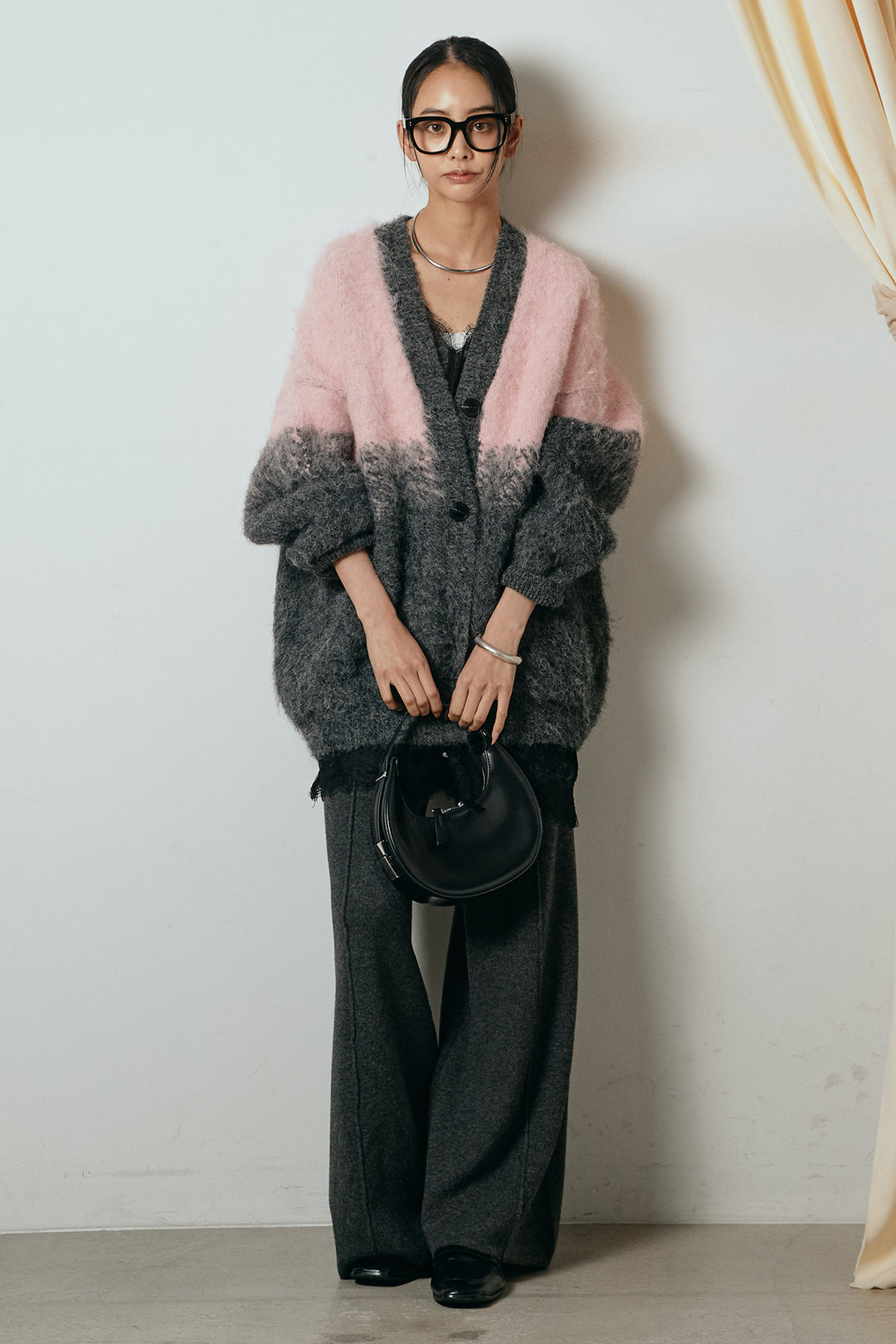 [SET]起毛グラデーションニットカーディガン+レース切り替えキャミソール(2set)