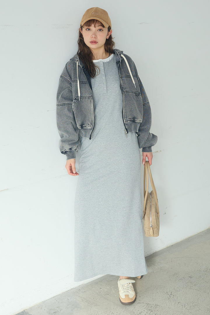 [SET]デニムダブルジップパーカーブルゾン+レイヤード見えヘンリーネックロングワンピース(2set)