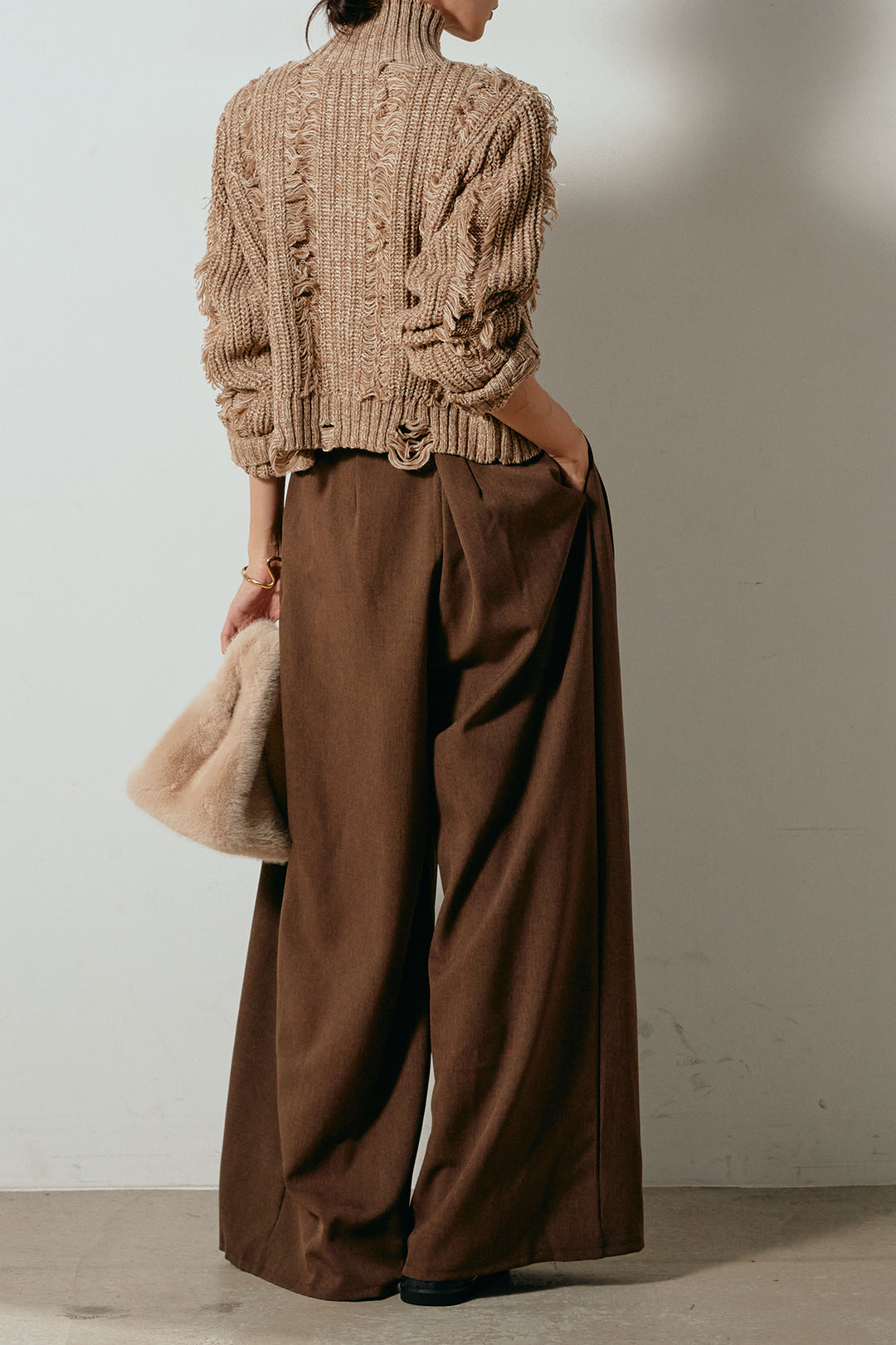 [SET]ハイネックフリンジジップニットトップス+ウエストステッチデザインワイドスラックス(2set)