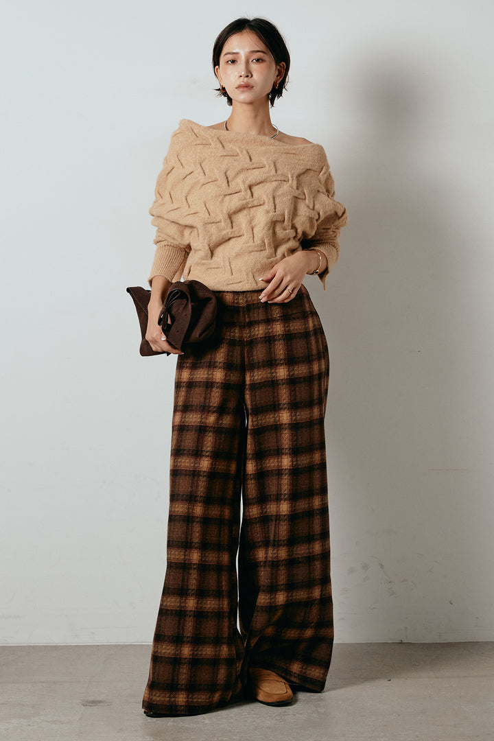 [SET]ボートネックニットトップス+ルーズタータンチェックワイドパンツ(2set)