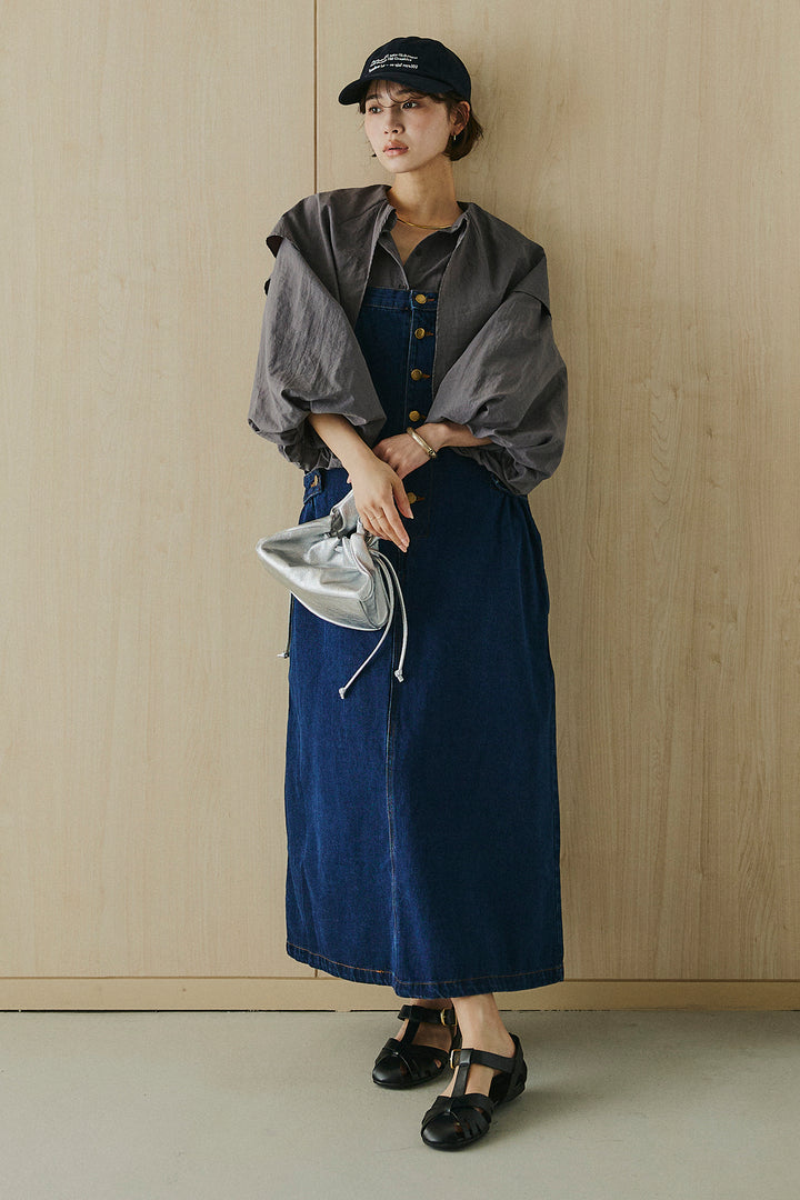 [SET]ケープカラーナイロンブラウス+配色ショルダーデニムサロペットスカート(2set)