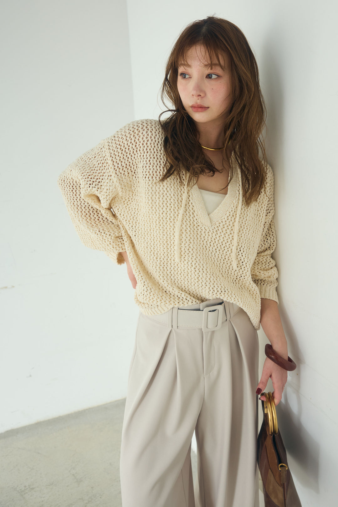 【即納】ミックスメッシュキーネックプルオーバー