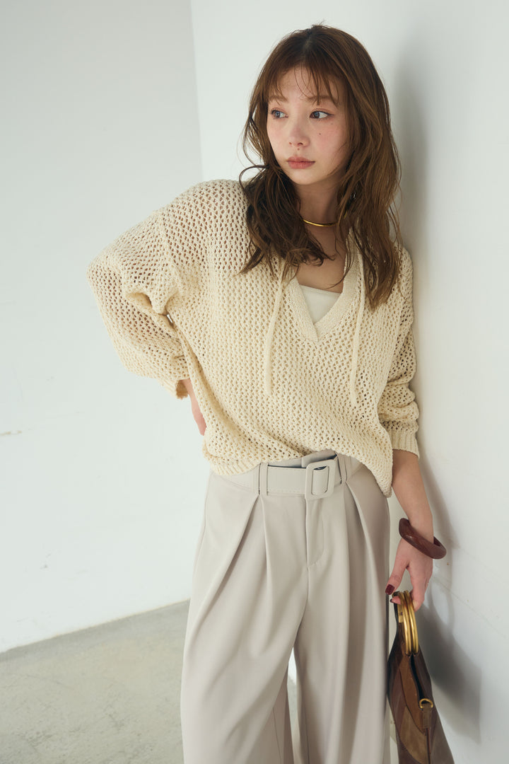 【即納】ミックスメッシュキーネックプルオーバー