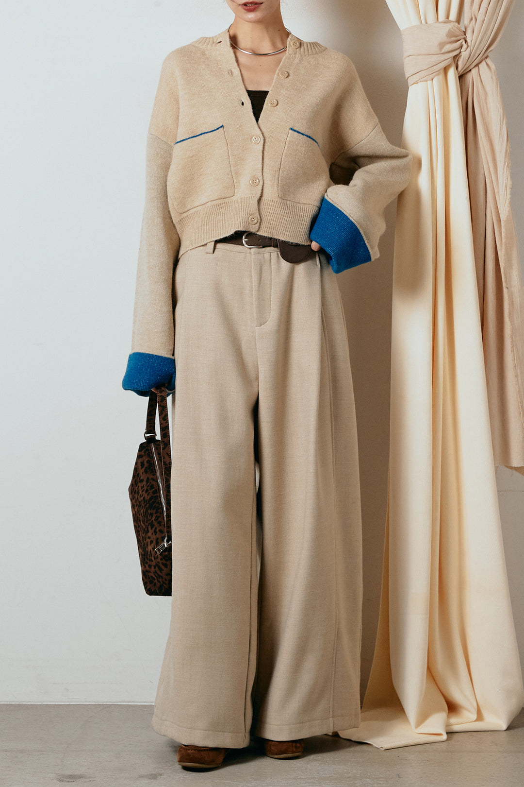 [SET]アルパカタッチダブルフェイスカーディガン+ポーチベルト付きカーブパンツ(2set)