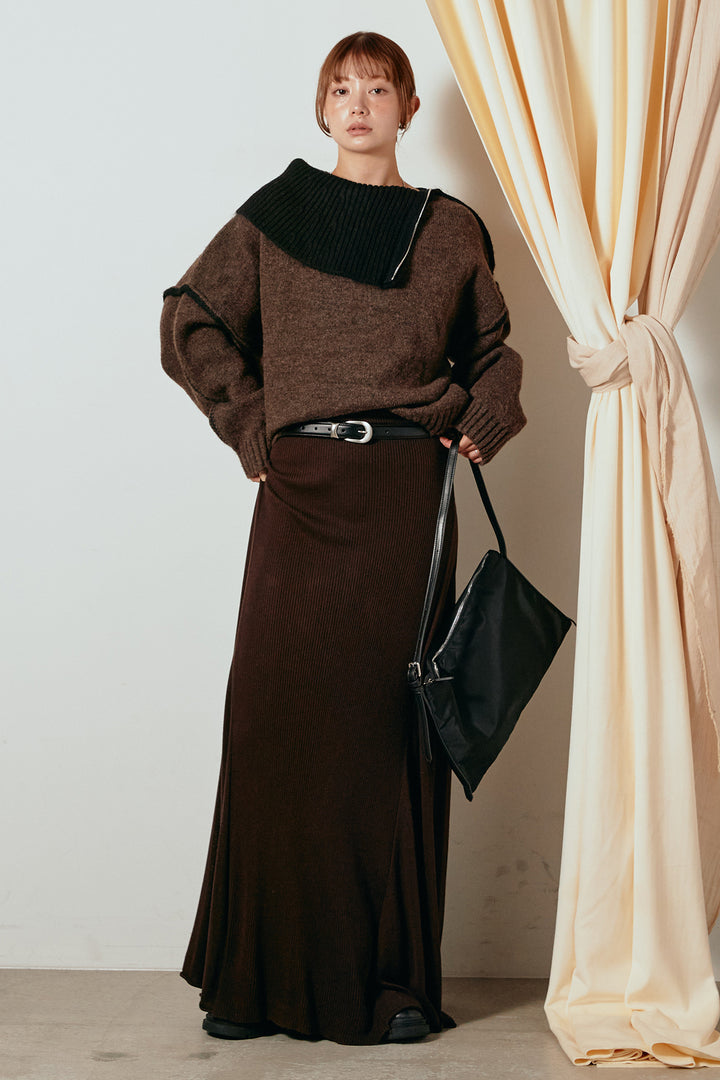 [SET]ハイネックジップデザインニットトップス+サイド切り替えリブニットロングスカート(2set)