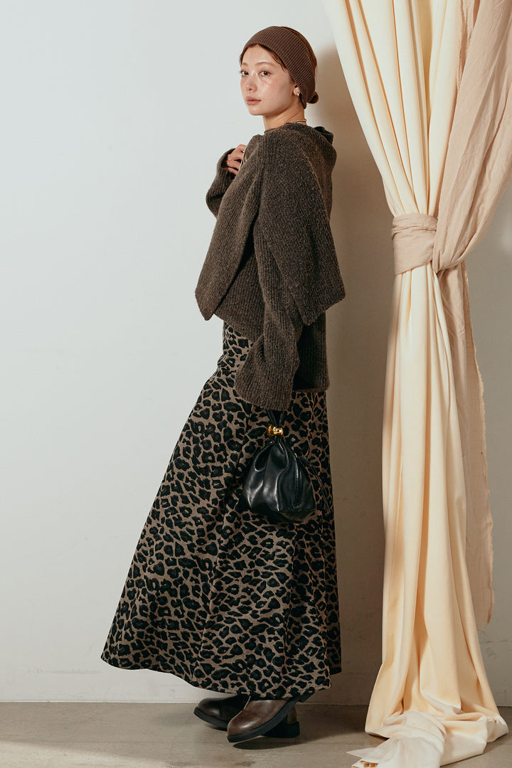 [SET]ケープデザインリブニットトップス+レオパードロングスカート(2set)