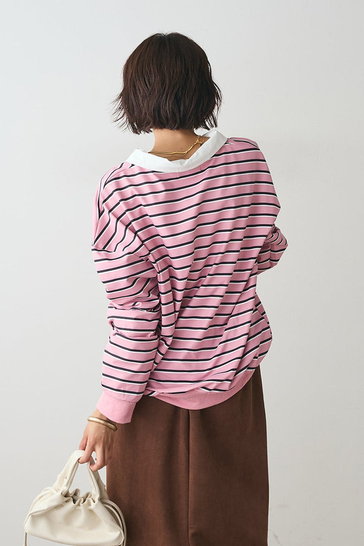 [SET]オーバーシルエットボーダーポロプルオーバー+フェイクスウェードタイトスカート(2set)
