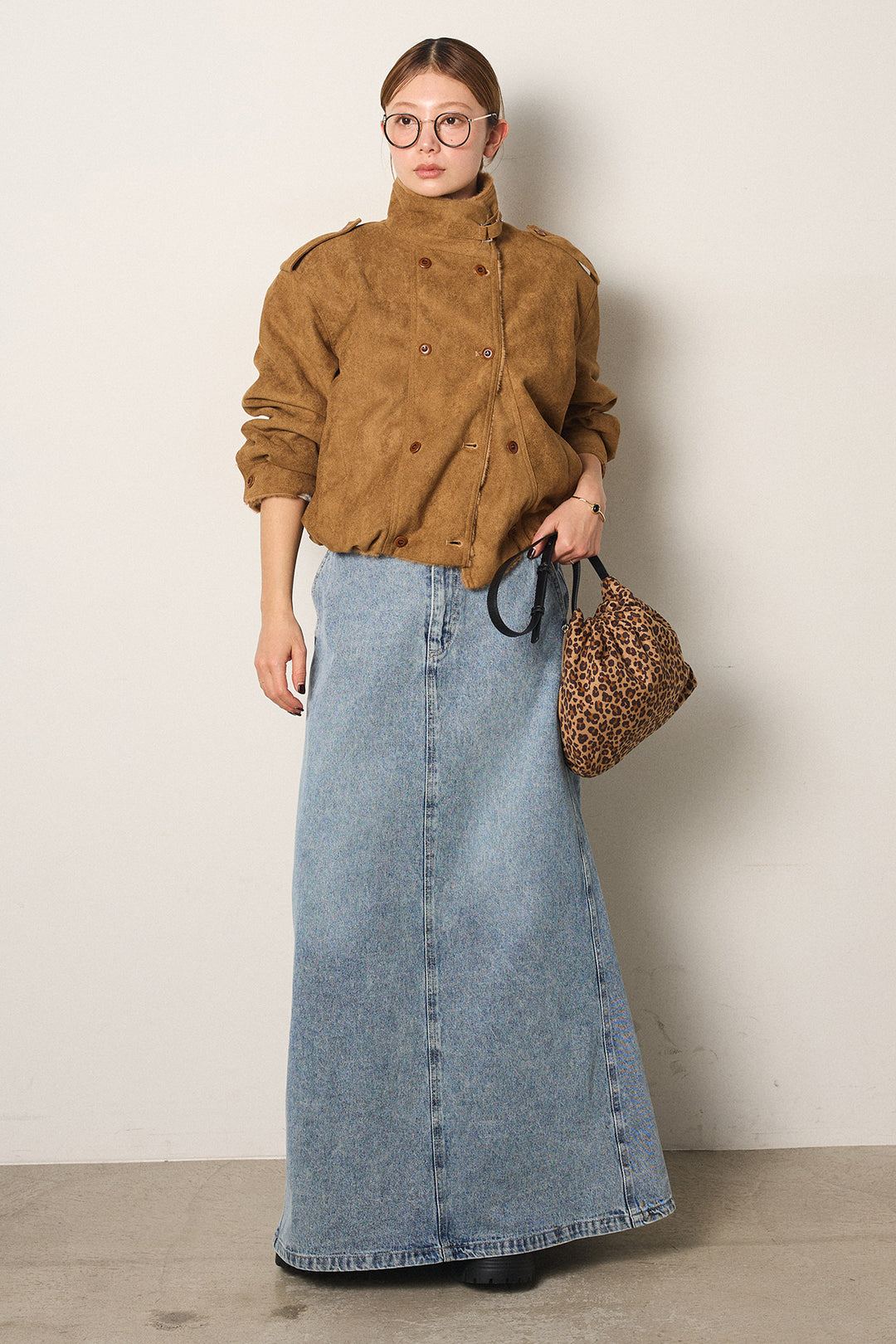 [SET]スタンド襟スウェードライクアウター+デニムロングフレアスカート(2set)