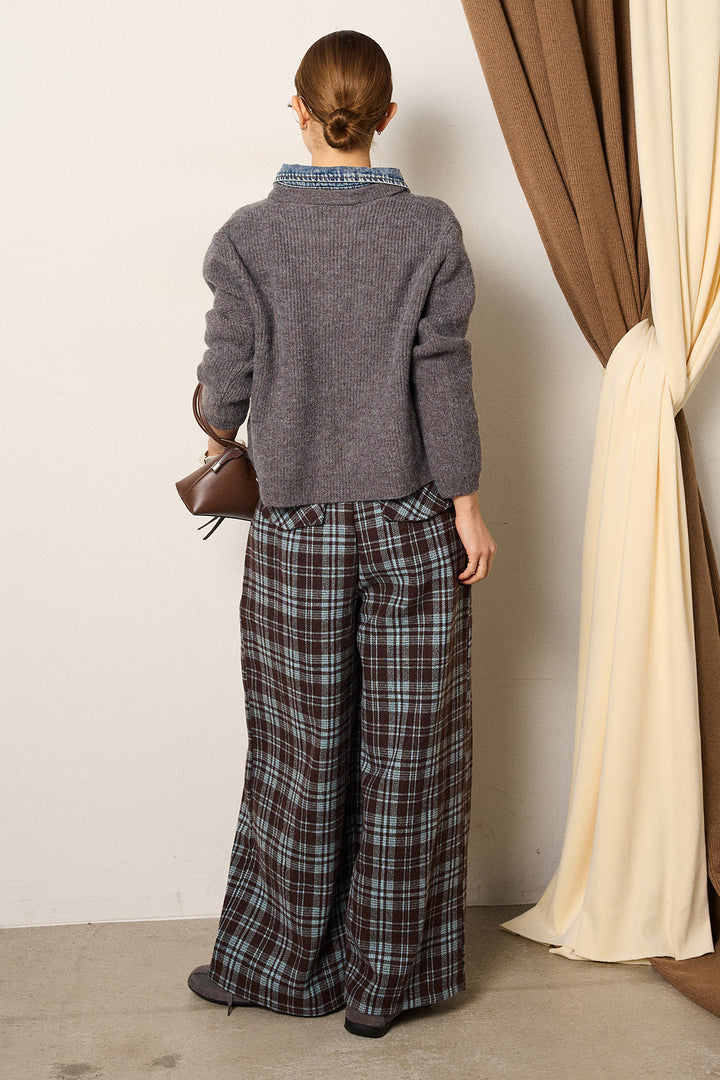 [SET]デニム襟ダブルジップニットトップス+スタッズデザインベルトタータンチェックパンツ(2set)