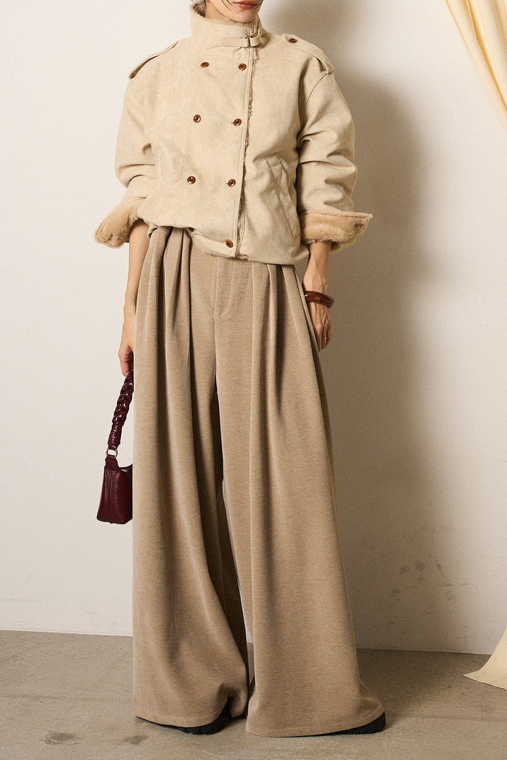[SET]スタンド襟スウェードライクアウター+ベルトループコーデュロイワイドパンツ(2set)