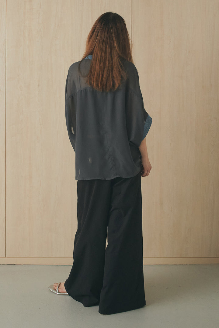 [SET]デニムライクビッグツーポケシアーシャツ+ベルトループデザインハイウエストタックパンツ(2set)