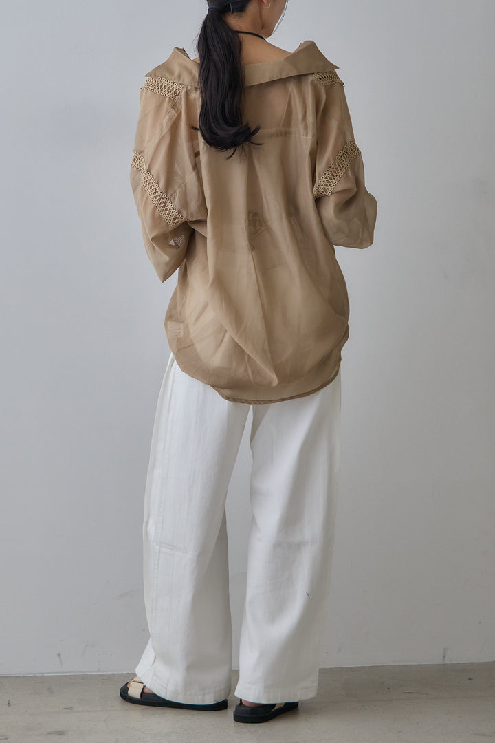 [SET]襟付き深Vネック刺繍シアーシャツ+ストレートデニムパンツ(2set)