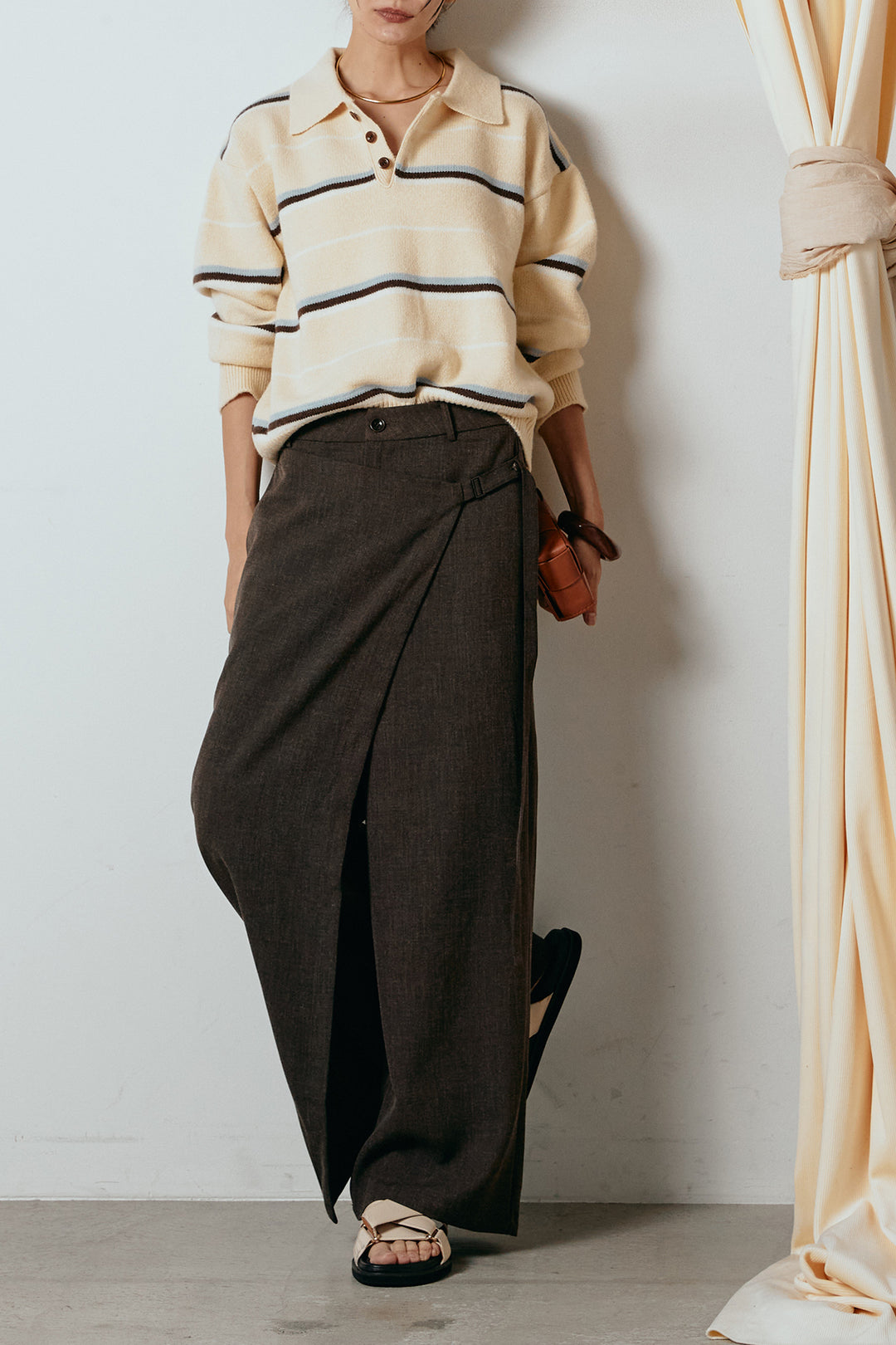 [SET]襟付きマルチボーダーニットポロトップス+ラップ巻きワイドスラックス(2set)