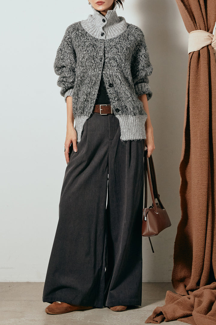[SET]ハイネックミックスニットトップス+太ベルト付きコーデュロイタックパンツ(2set)