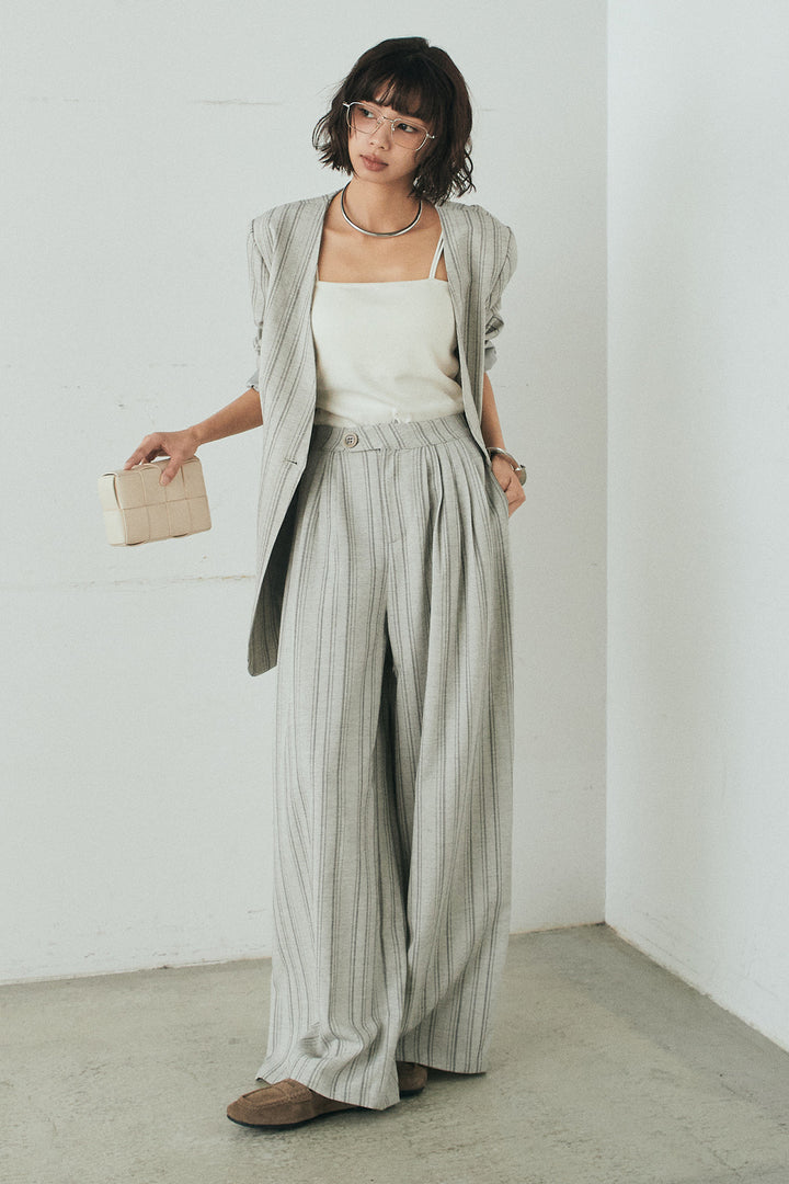 [SET]ノーカラーピンストライプジャケット+ピンストライプワイドスラックス(2set)