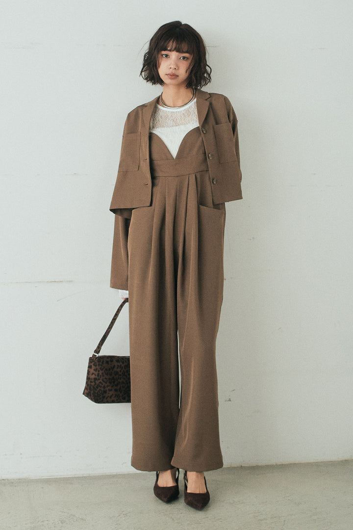 [SET]バックジップデザインショートツイルジャケット+キャミロングオールインワン(2set)