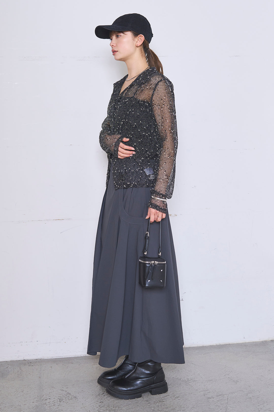 [SET]ネップメッシュポロ襟カーディガン+ラップレイヤードアシンメトリーデザインスカート(2set)