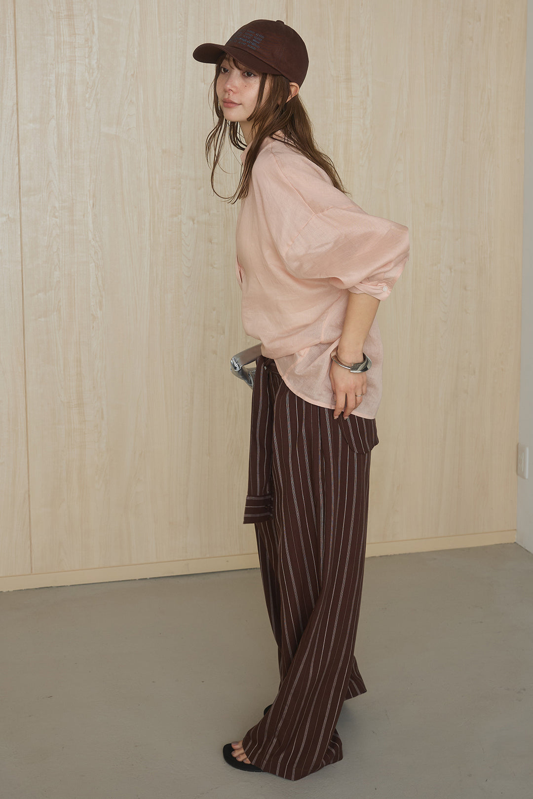 [SET]襟付きボタンブラウス+ウエスト巻きピンストライプパンツ(2set)
