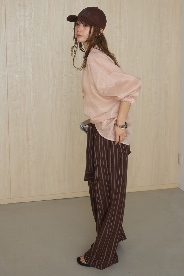 [SET]襟付きボタンブラウス+ウエスト巻きピンストライプパンツ(2set)