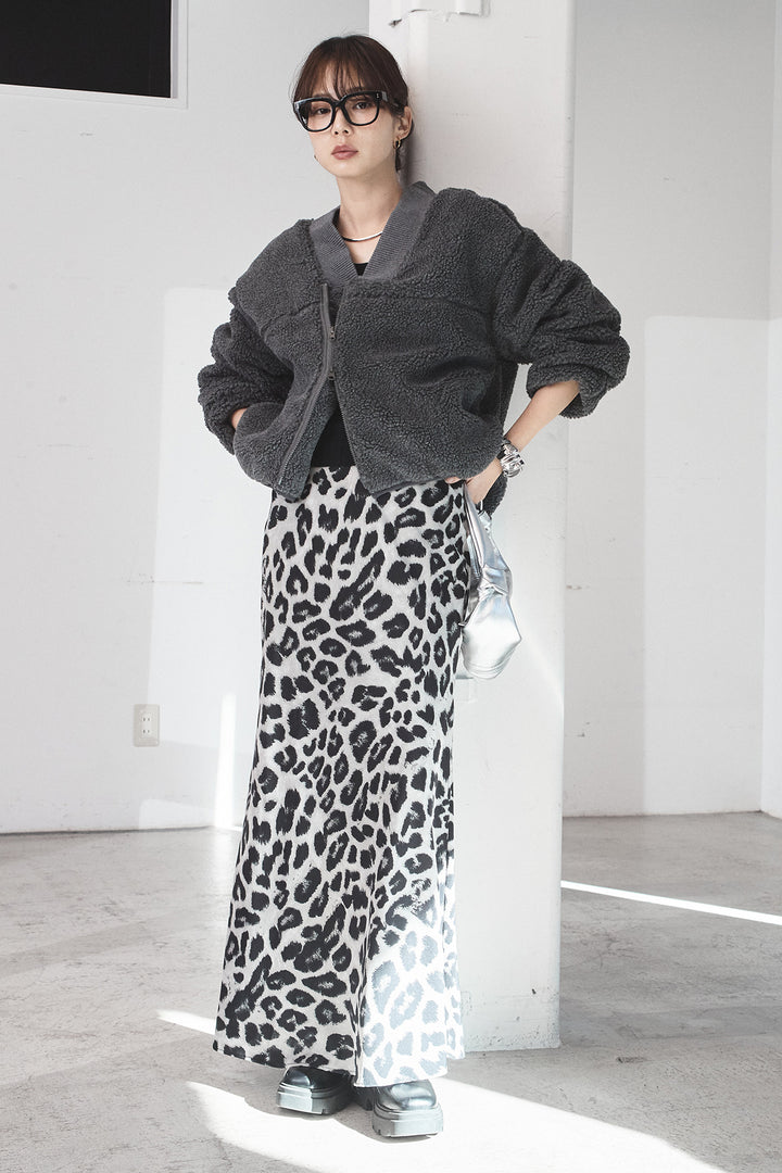 [SET]ノーカラーリブボアアウター+レオパードサテンナロースカート(2set)