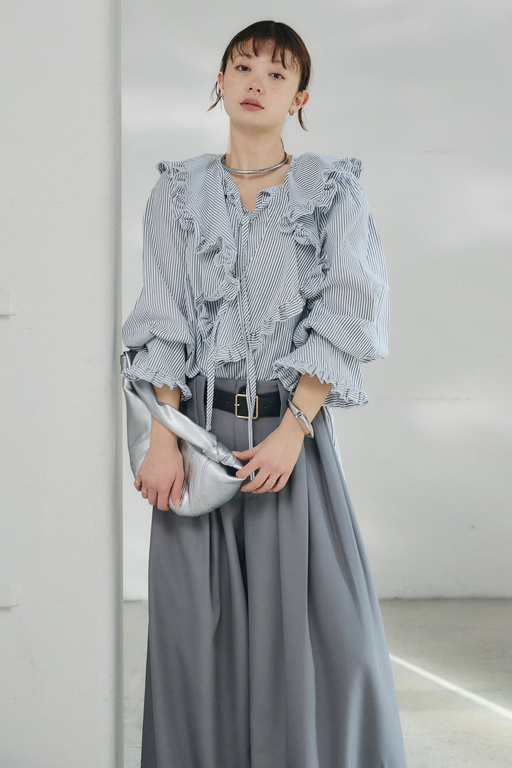 [SET]コットンフリルブラウス+ベルト付きタックデザインハイウエストロングパンツ(2set)