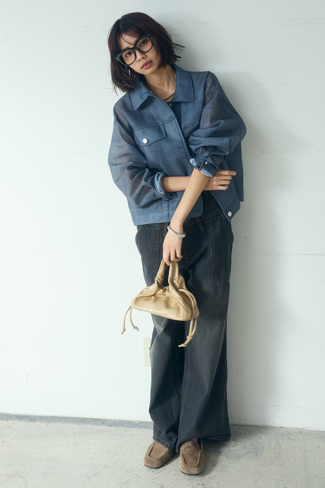 [SET]デニム風シアーダンボールジャケット+デニムサロペットワイドパンツ(2set)